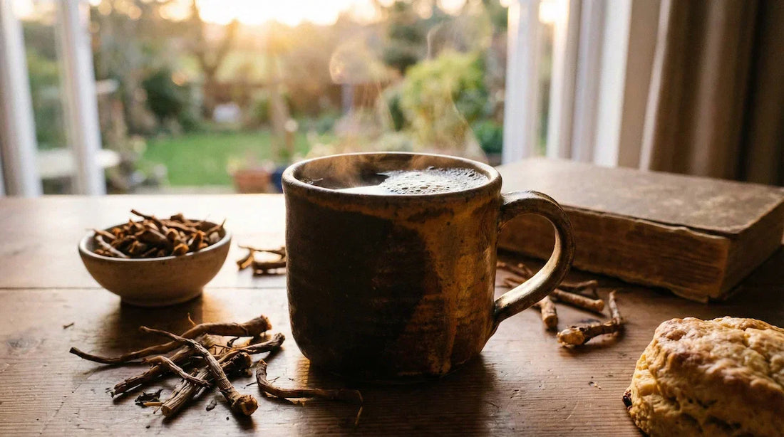 A warm earthy ceramic mug filled with roasted dandelion root tea in a calm morning or evening setting.