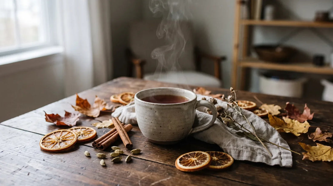 Ceramic mug of deep amber rooibos tea on a dark wood surface surrounded by cinnamon sticks, dried orange slices, and autumn leaves