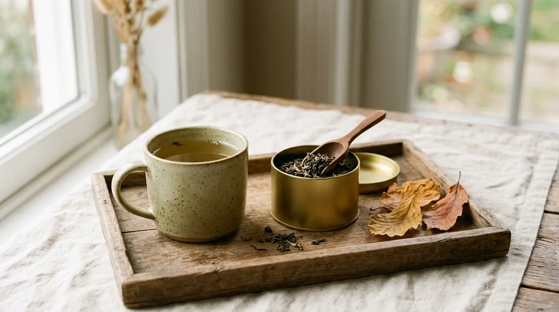Ceramic mug of pale golden morning tea on a wooden tray with a loose-leaf tin and dried autumn leaves in soft September morning light