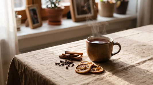 Ceramic mug of amber rooibos tea surrounded by cinnamon sticks, cloves, and dried orange slices on a linen surface for a September tea routine