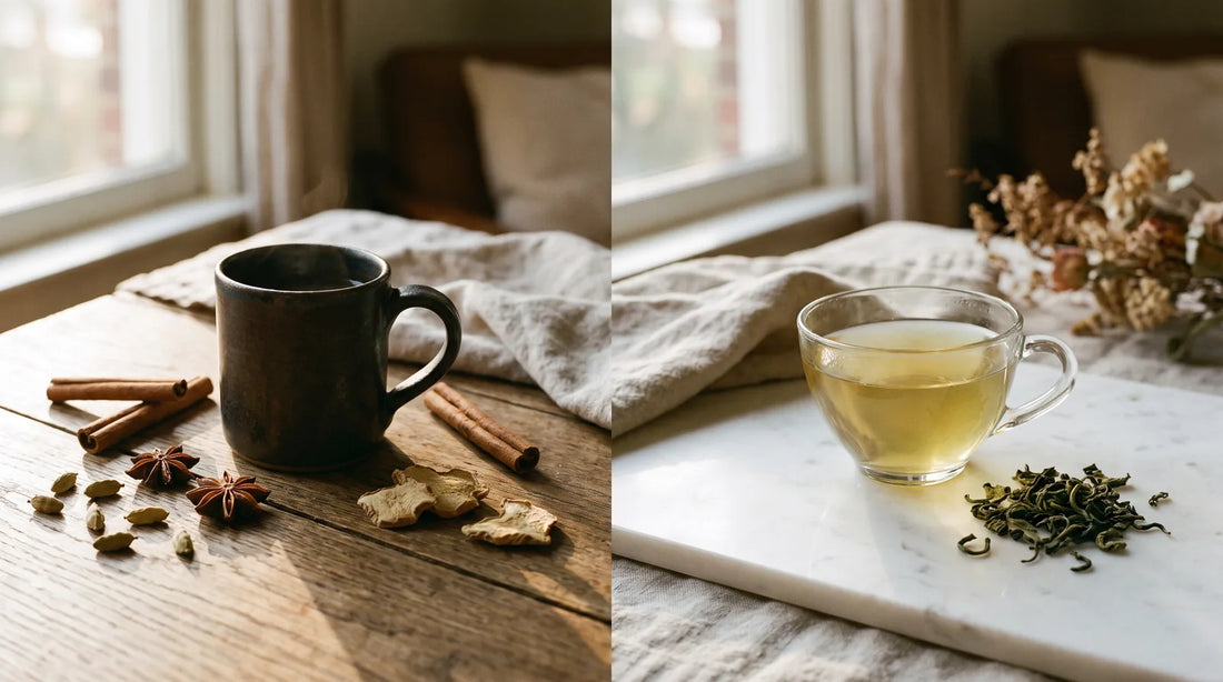 Split still life of spiced chai ingredients on dark wood beside a glass cup of pale golden Longjing tea on marble, autumn light