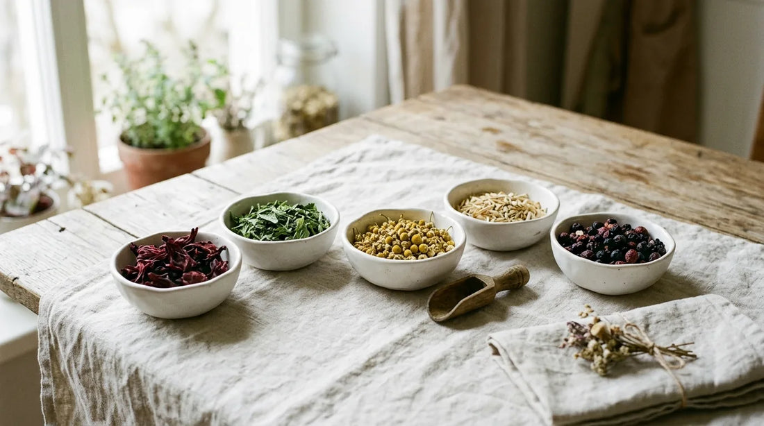 Five white ceramic bowls of dried spring herbal tea ingredients — hibiscus, mint, chamomile, lemongrass, and mixed berries — arranged on pale linen