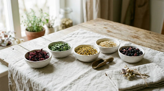 Five white ceramic bowls of dried spring herbal tea ingredients — hibiscus, mint, chamomile, lemongrass, and mixed berries — arranged on pale linen