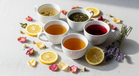 Five ceramic cups filled with different spring teas arranged on a linen tablecloth with dried petals and lemon slices