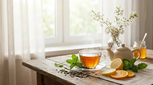 A steaming cup of tea with citrus slices and mint on a clean table, illuminated by soft spring morning sunlight.