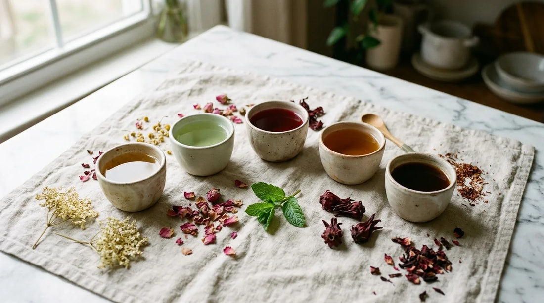 Overhead flat-lay of five small ceramic cups filled with different-colored spring teas arranged in an arc on linen cloth with dried petals, mint, and hibiscus on marble
