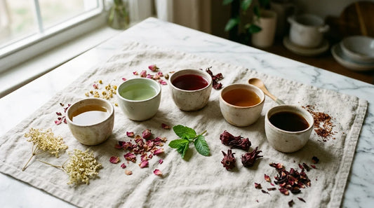 Overhead flat-lay of five small ceramic cups filled with different-colored spring teas arranged in an arc on linen cloth with dried petals, mint, and hibiscus on marble