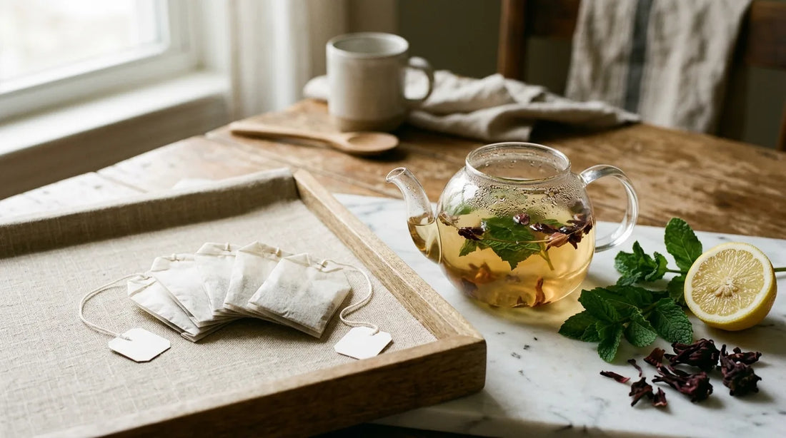 Spring tea routine setup with assorted sachets, glass teapot, mint, lemon, and hibiscus on a marble tray
