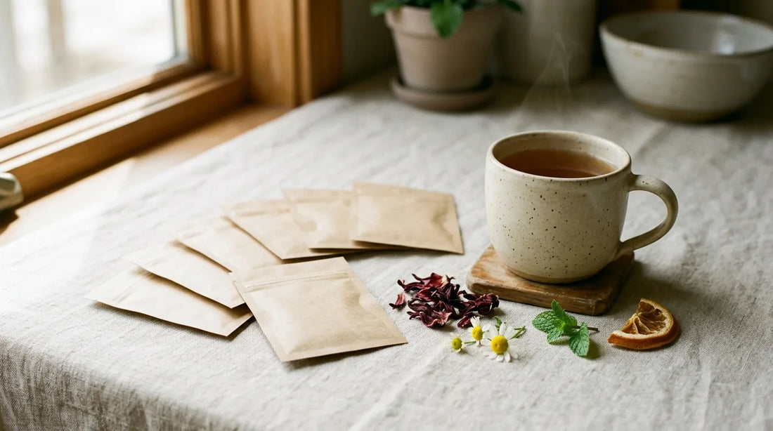 Assorted spring tea sampler sachets fanned out on a linen surface with hibiscus petals, mint, chamomile, and dried citrus beside a ceramic mug