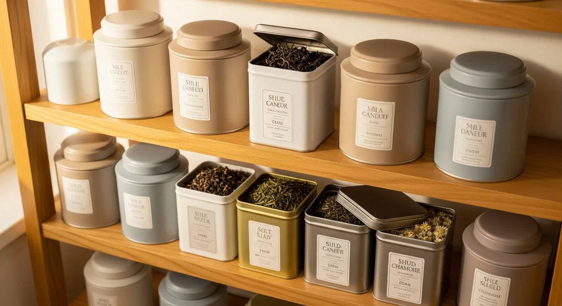 Organized tea shelf with airtight tins and canisters in warm natural spring light