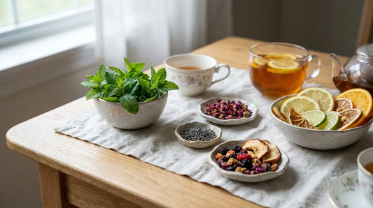 A close-up photograph of a variety of tea ingredients including fresh mint, dried flowers, citrus slices, and fruit pieces arranged beautifully in bowls and cups on a sunny wooden table.