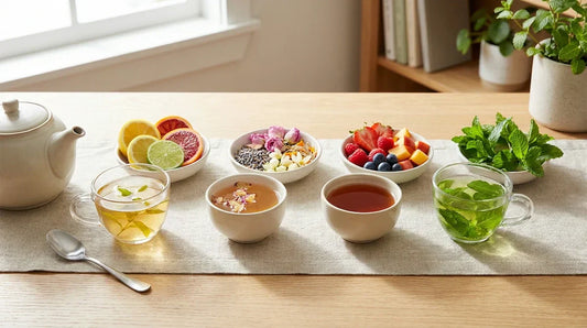 A brightly lit scene of multiple tea cups and ingredient bowls representing citrus, floral, fruity, and mint flavors on a clean wooden table for a comparative tasting.