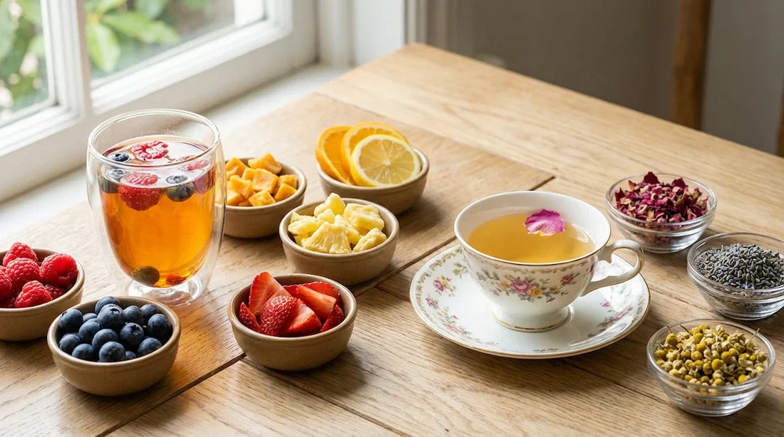 A side-by-side comparison of fruity tea with berries and citrus, and floral tea with dried petals on a bright table.