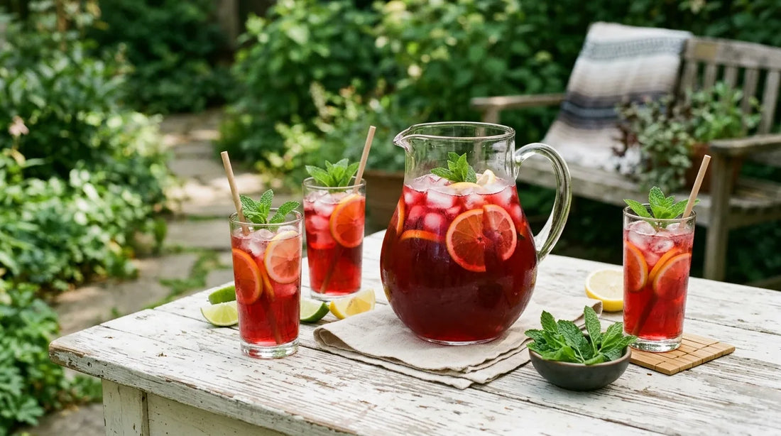 Glass pitcher of hibiscus cold brew tea with iced glasses and citrus slices on an outdoor summer hosting table