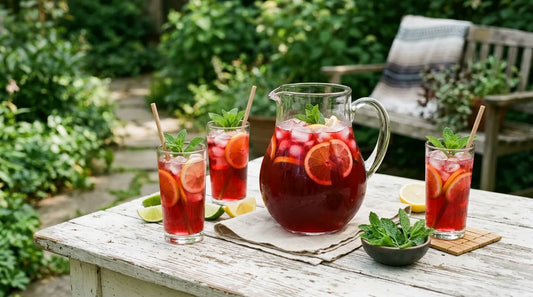 Glass pitcher of hibiscus cold brew tea with iced glasses and citrus slices on an outdoor summer hosting table