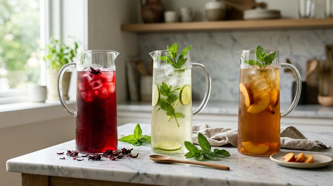 Three glass pitchers of summer iced tea in hibiscus red, mint green, and peach amber arranged on a white marble surface with botanicals