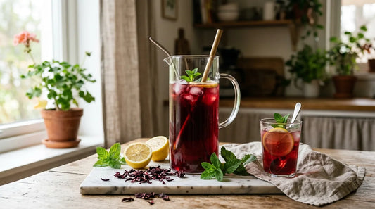 Glass pitcher of deep ruby hibiscus iced tea on a marble surface with dried petals, lemon halves, and mint sprigs