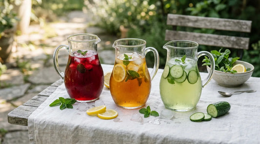 Three glass pitchers of iced tea for a summer party — deep ruby, amber gold, and pale green — on a white linen outdoor table with lemon slices, mint, and ice
