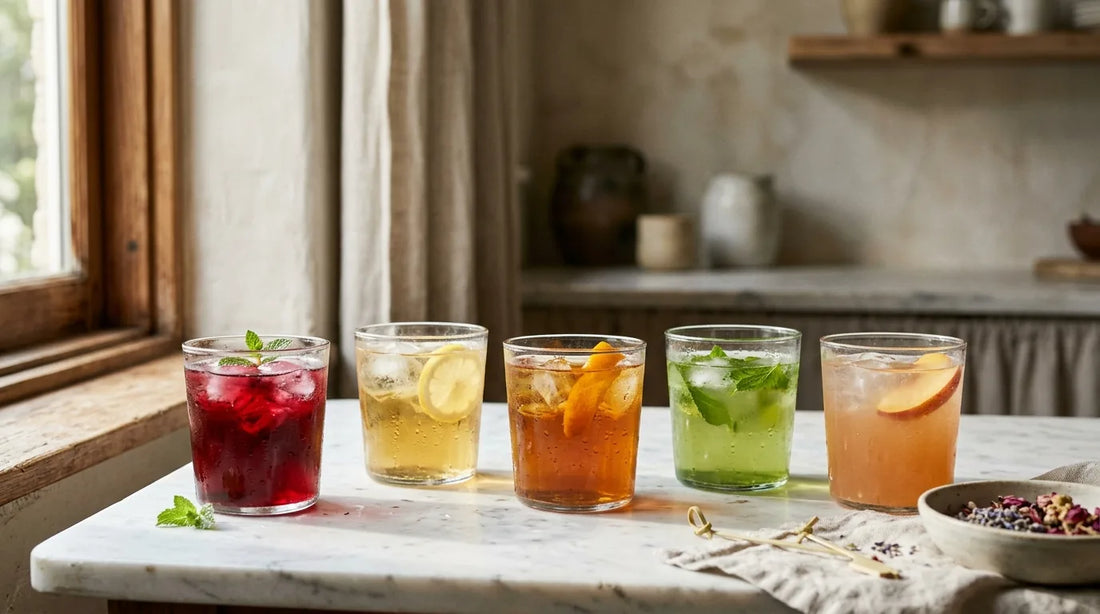 Five glasses of summer tea flavors — crimson hibiscus, gold tropical, amber black, green, and peach — on a white marble surface