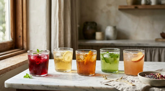Five glasses of summer tea flavors — crimson hibiscus, gold tropical, amber black, green, and peach — on a white marble surface
