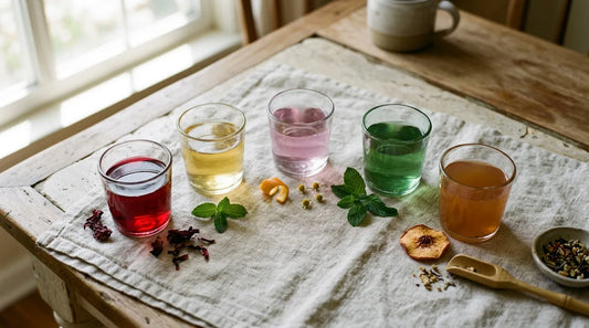 Five glasses of summer tea in different colors—ruby hibiscus, golden citrus, lavender-pink floral, green mint, and amber peach—arranged on a linen cloth with fresh herbs and dried botanicals