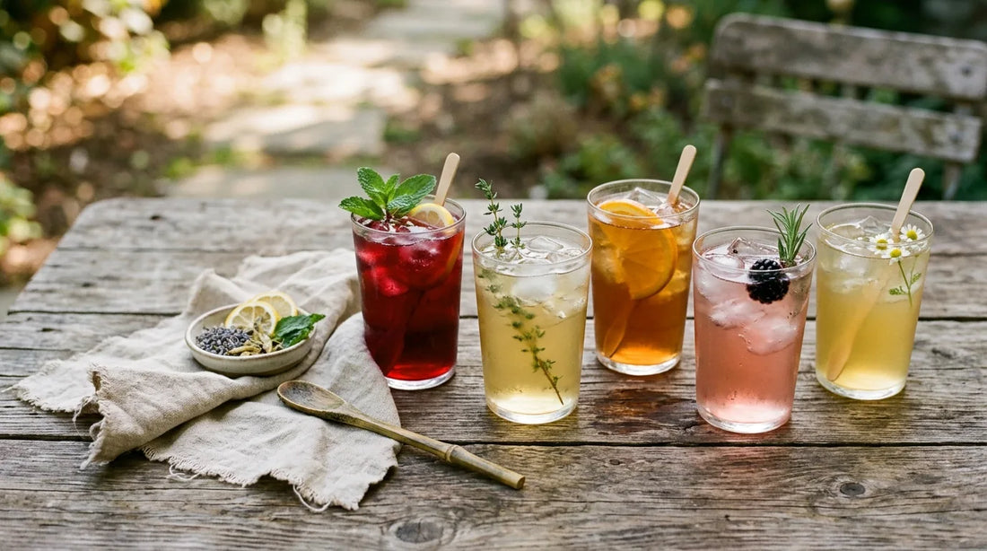 Five iced teas in different colors arranged on a weathered outdoor wooden table representing summer tea pairings