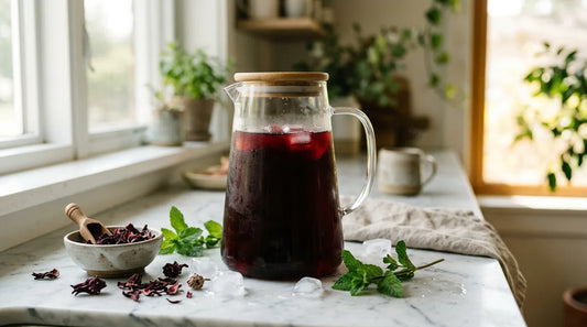Sealed glass pitcher of cold-brewed hibiscus tea on marble surrounded by dried flowers, mint, and ice cubes