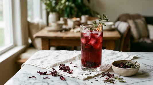Tall glass of ruby hibiscus iced tea with ice and dried mint on a marble surface with scattered hibiscus petals