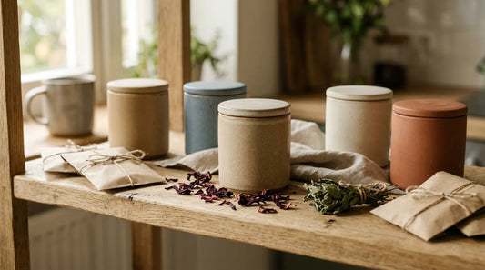 Assorted blank tea tins and kraft sachets on a wooden shelf with dried hibiscus petals and mint for a summer tea shelf reset