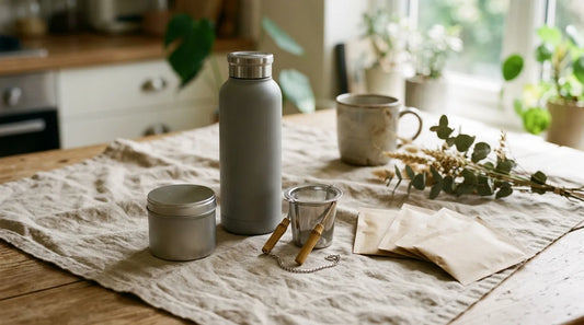Compact summer travel tea kit with insulated bottle, tea sachets, and mesh infuser on a warm linen surface