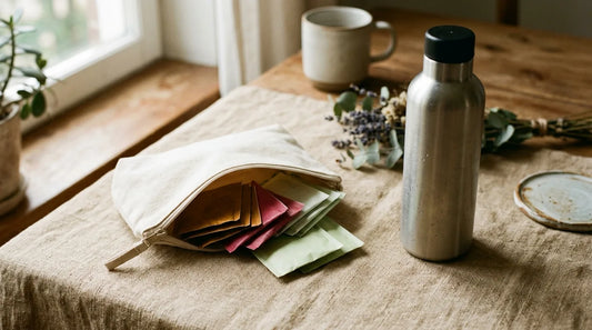 Assorted tea sachets in an open canvas zip pouch next to a stainless steel travel water bottle on a linen surface
