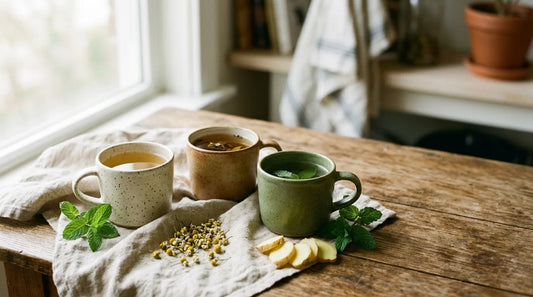 Three ceramic mugs of herbal tea on a linen cloth with peppermint sprigs, chamomile flowers, and fresh ginger