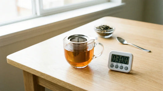 A bright, natural-light instructional photo showing a glass teacup with an infuser, a digital timer set to 3 minutes, and tea leaves on a clean wooden table, representing a tea steep time guide.