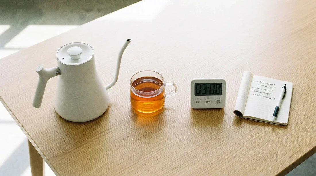 A minimalist tea brewing setup featuring a white kettle, a timer set to 3 minutes, a glass cup, and a notebook, representing the ultimate guide to fixing tea problems.