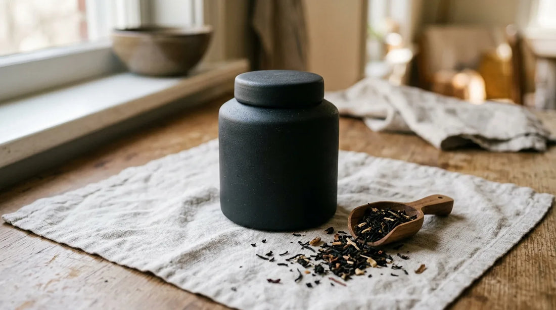 Matte black ceramic tea canister with loose-leaf tea and a wooden scoop on a linen surface