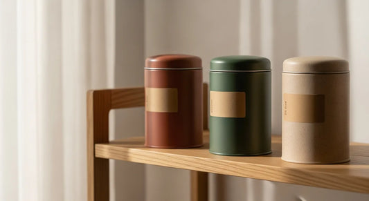 Three airtight metal tea canisters on an oak shelf for summer tea storage