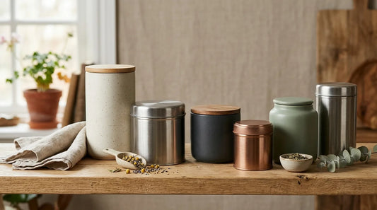 Assorted airtight tea canisters and tins arranged on a wooden shelf for summer tea storage
