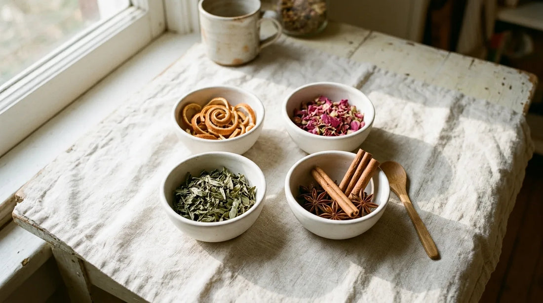 Four white ceramic bowls on linen cloth containing dried orange peel, rose petals, peppermint leaves, and cinnamon sticks representing citrus, floral, mint, and spice tea flavor profiles