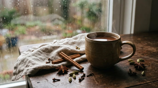 Ceramic mug of spiced chai tea surrounded by cinnamon sticks, cardamom pods, and star anise on a dark wood surface with rainy window bokeh in the background