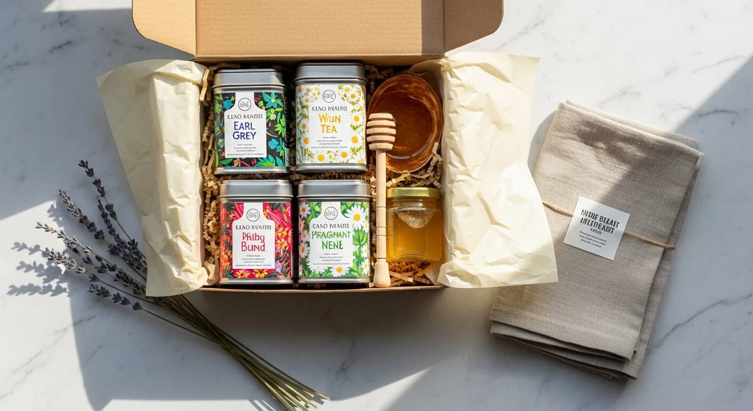 Tea gift basket ideas — open gift box with tea tins, honey jar, and linen napkin on a marble surface