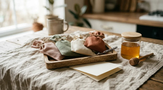 Tea gift presentation on a wooden tray with honey jar, honey dipper, dried lavender, and a folded card on a linen surface