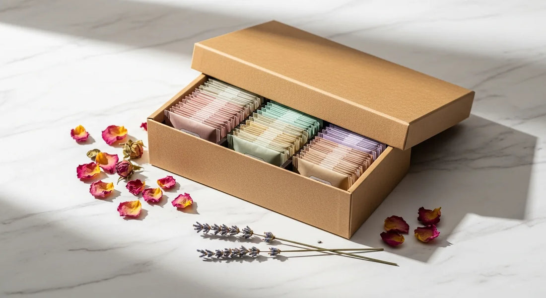 Open kraft tea gift box on marble surface with assorted tea sachets, dried rose petals, and lavender