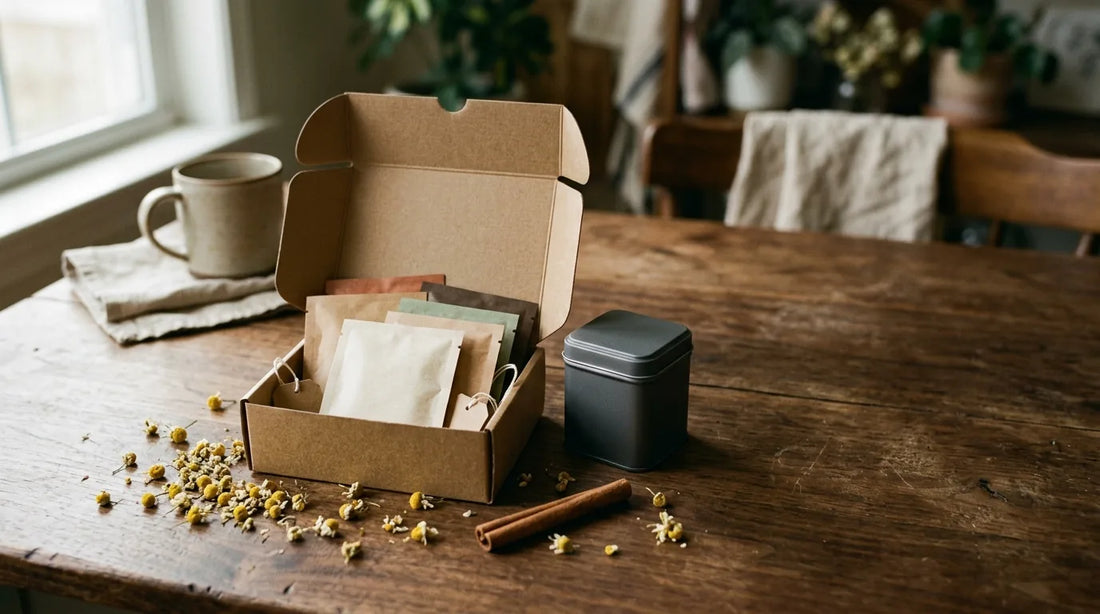 Open kraft gift box with individually wrapped tea sachets, a small tin, and dried chamomile flowers on a dark walnut surface