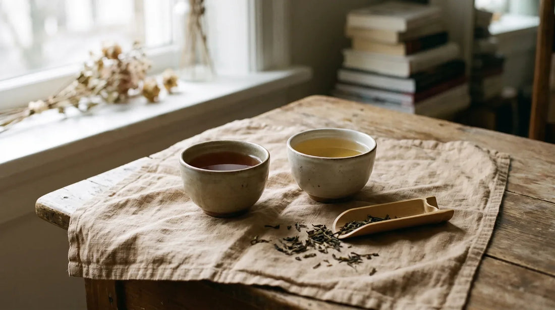 Two ceramic teacups side by side on linen — one with a deep amber brew and one with a pale golden brew — surrounded by scattered loose tea leaves and a bamboo scoop