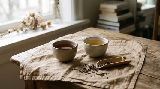 Two ceramic teacups side by side on linen — one with a deep amber brew and one with a pale golden brew — surrounded by scattered loose tea leaves and a bamboo scoop