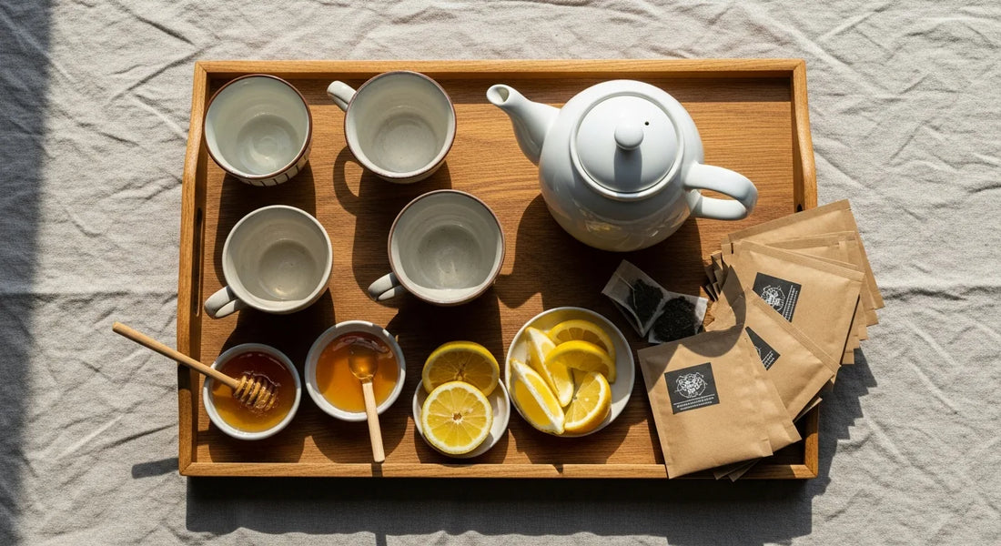 Wooden tea tray with ceramic cups, teapot, honey, lemon, and tea sachets arranged on a linen tablecloth for guests