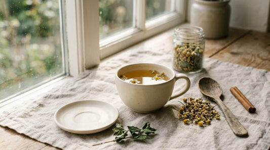 Pale ceramic cup of golden herbal tea on linen with dried chamomile flowers and peppermint sprig