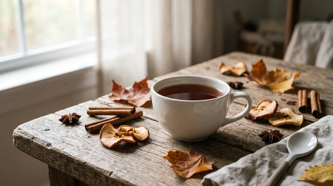 A white ceramic teacup of amber black tea surrounded by cinnamon sticks, dried apple slices, and autumn leaves on a weathered oak surface