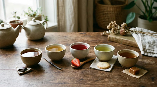 Five ceramic teacups filled with different teas arranged beside matching dessert props — chocolate, vanilla bean, strawberry, butter cookie, and caramel — on a dark walnut surface