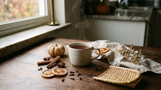 Ceramic mug of amber chai tea on dark walnut wood surrounded by cinnamon sticks, star anise, cloves, and a small sugar pumpkin for a fall tea pairing